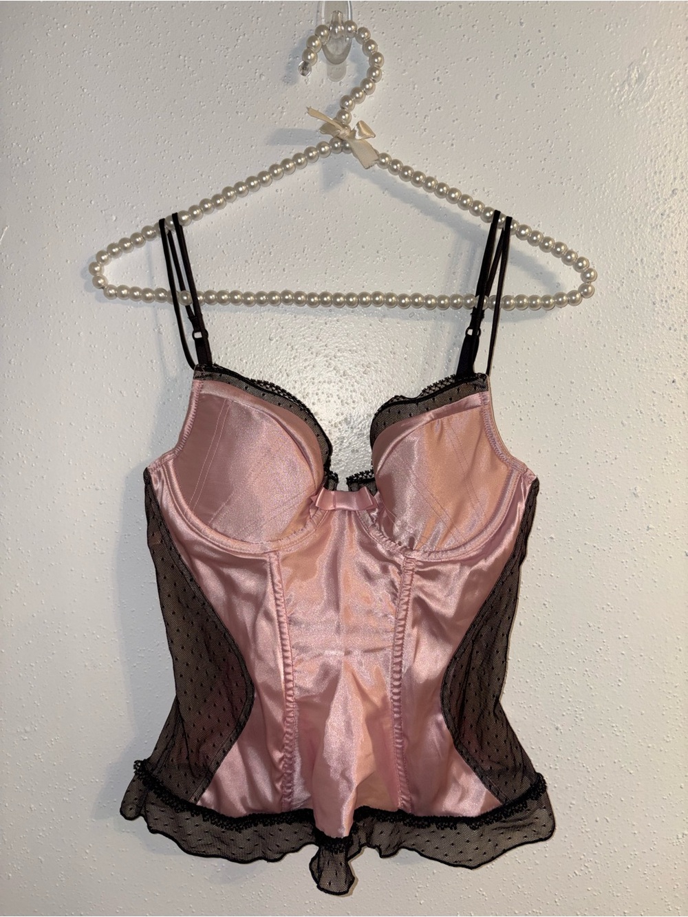 Jezebel Vintage Pink Satin Bustier with Black Lacy Trim